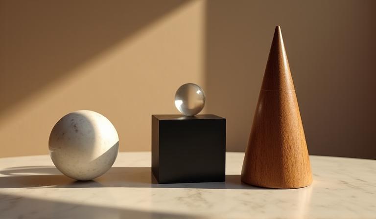 Sculptural home decor items involving spheres and cubes